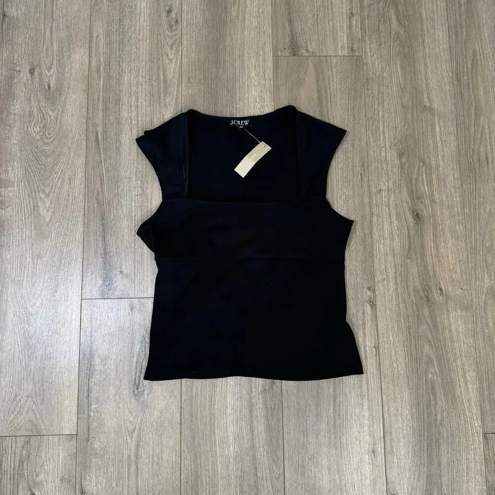J.Crew Top WMNS M Black Solid Cap Sleeve Square Neck Stretch Cotton Balletcore